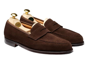 Brown suede penny loafer shoes