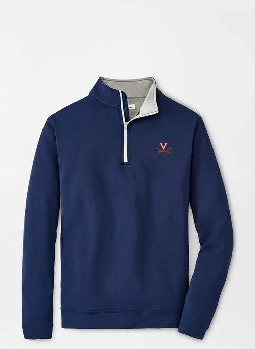 Navy blue pullover quarter zip with a logo on a light gray background