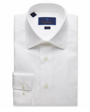 White dress shirt with a collar label on a white background