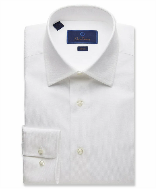 White dress shirt with a collar label on a white background