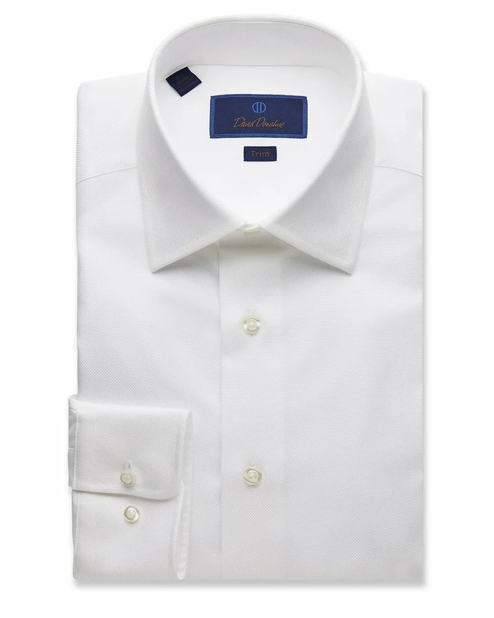 White dress shirt with a collar label on a white background