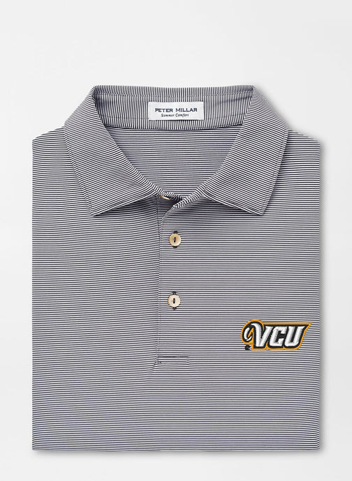 Gray striped polo shirt with VCU logo on a white background
