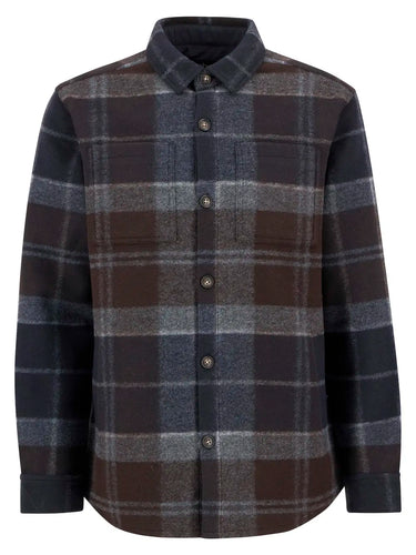 Plaid shirt with brown, blue, and gray pattern on a white background