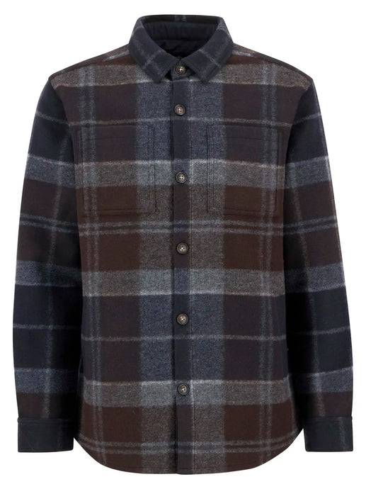 Plaid shirt with brown, blue, and gray pattern on a white background