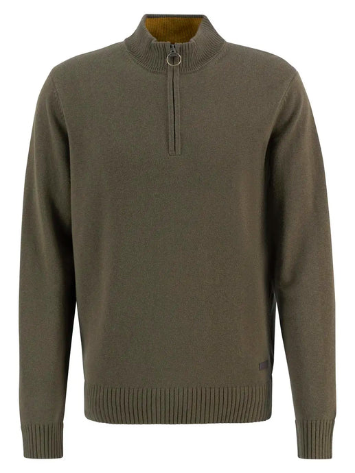 Green sweater with a quarter zip on a white background