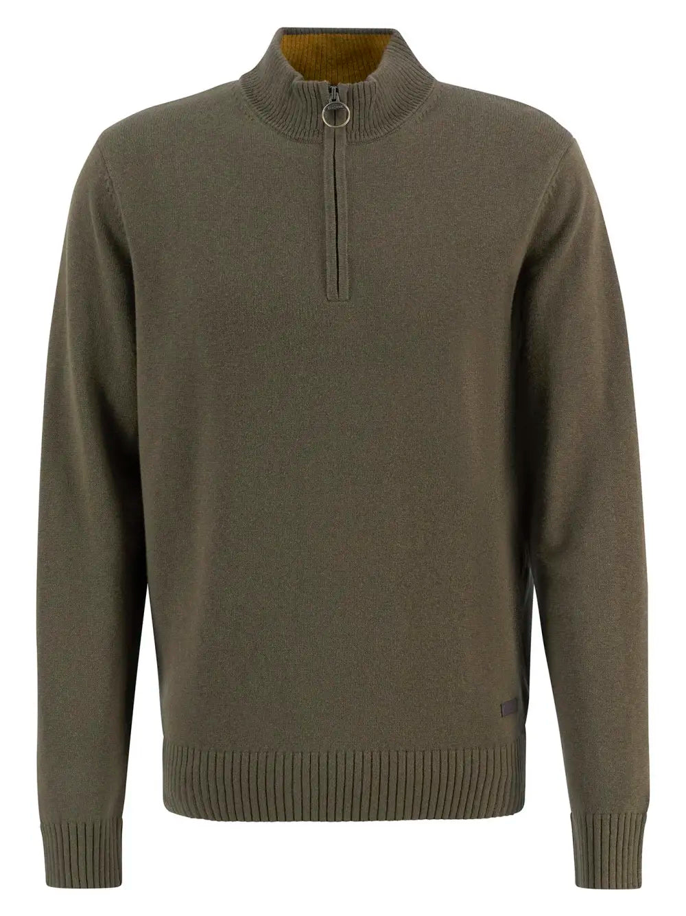 Green sweater with a quarter zip on a white background