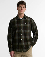 Man in Barbour long-sleeve plaid cord shirt in olive and brown