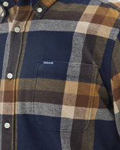 close up Barbour soft cotton long-sleeve plaid shirt in navy and brown