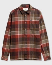 brown and brick reddish orange plaid flannel long-sleeve shirt