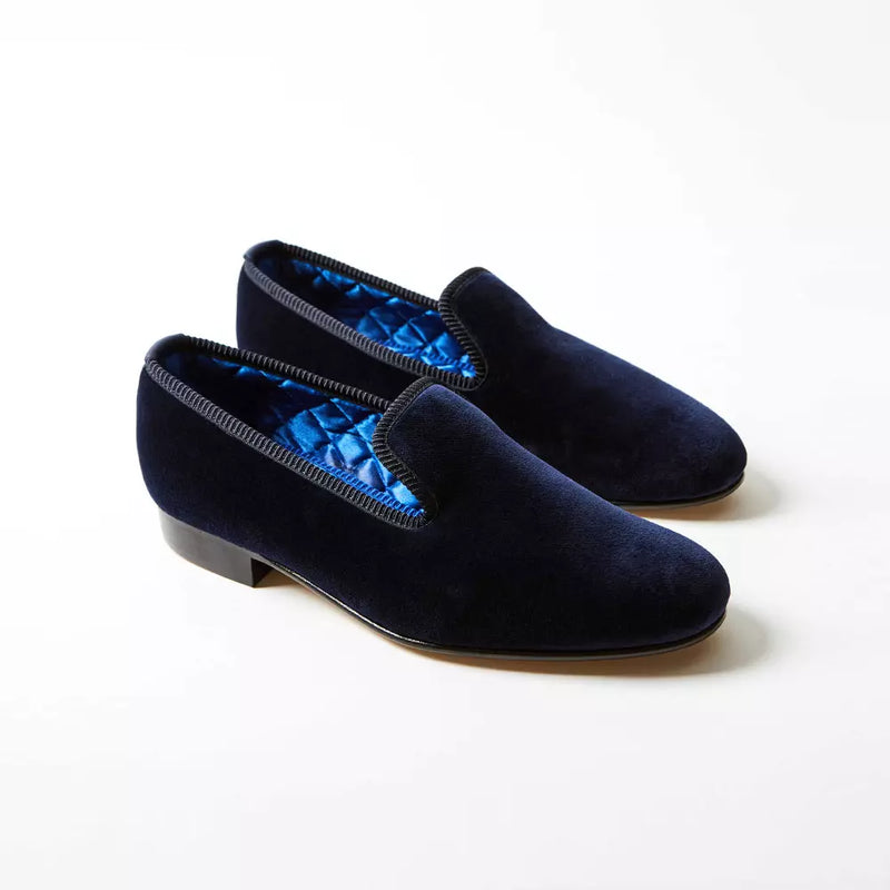 BOWHILL ELLIOTT Albert Plain Navy Velvet Slippers Franco s Fine Clothier