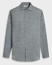 long-sleeve mini-floral print collared shirt in olive and blue