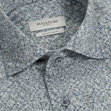 close up of long-sleeve mini-floral print collared shirt in olive and blue