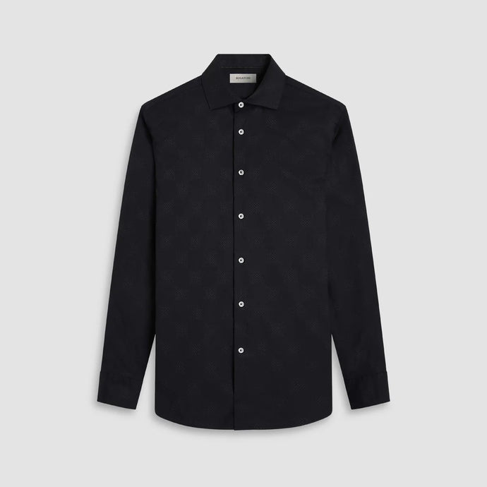 Black button-up shirt on a light gray background