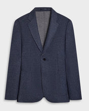 A navy blue textured wool blazer with a 2-button closure, displayed on a light gray background.