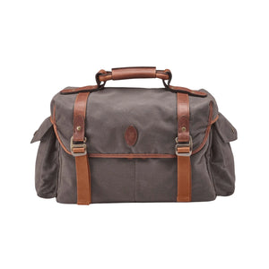 Brown canvas tote back with leather handles