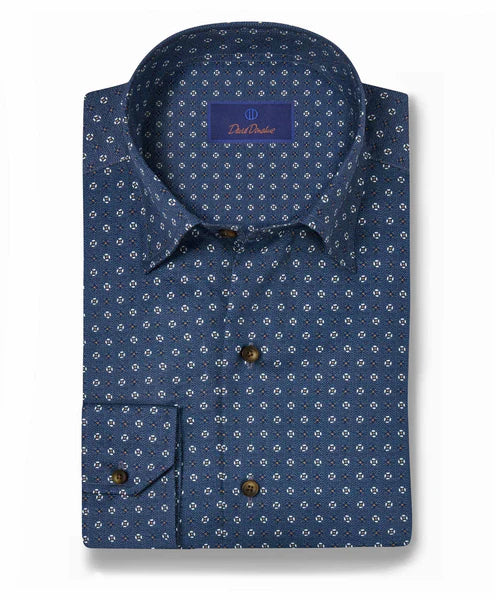 David Donahue Blue Geometric Print Sport Shirt