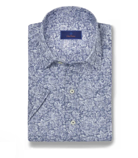 David Donahue Denim Linen Floral Print Short Sleeve Shirt