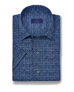 David Donahue Navy Linen Print Short Sleeve Shirt