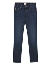 A pair of dark blue slim-fit jeans with whiskering and subtle fading on the thighs, shown flat against a plain white background.