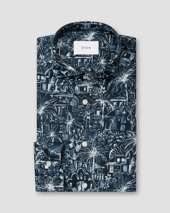 Eton Slim Fit Floral Linen Print Shirt (Navy)
