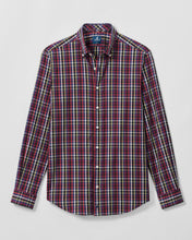 A long-sleeve button-down plaid shirt in burgundy, green, and white, shown flat against a light gray background.