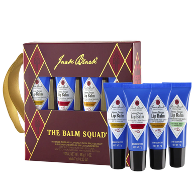 Set of Jack Black lip balms in a decorative box on a white background