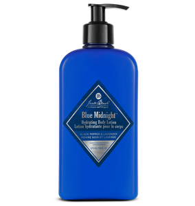 Blue bottle of Jack Black Blue Midnight Hydrating Body Lotion on a white background