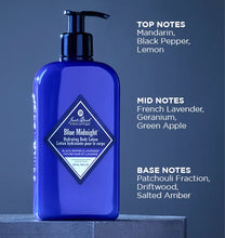 Blue bottle of Jack Black Blue Midnight Hydrating Body Lotion with fragrance notes on a blue background