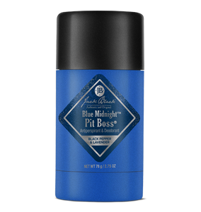 Blue deodorant stick with black cap on a white background