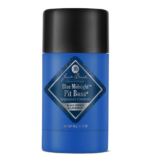 Blue deodorant stick with black cap on a white background