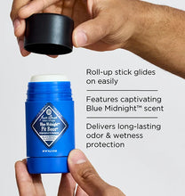 Blue deodorant stick held by a hand with text describing its features on a white background