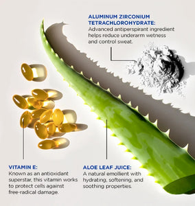 Illustration of aloe vera with labeled ingredients including Vitamin E, aluminum zirconium tetrachlorohydrate, and aloe leaf juice.