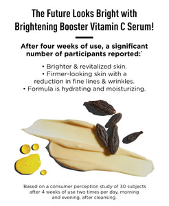 Advertisement for a vitamin C serum with text and product image on a white background