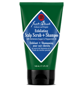 Green and blue tube of Jack Black Exfoliating Scalp Scrub + Shampoo on a white background