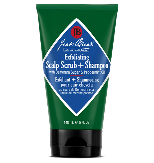 Green and blue tube of Jack Black Exfoliating Scalp Scrub + Shampoo on a white background