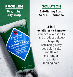 Exfoliating Scalp Scrub + Shampoo with text on a green and white background