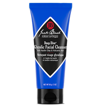 Blue facial cleanser tube with black label on a white background