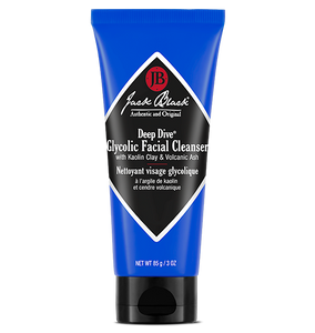 Blue facial cleanser tube with black label on a white background