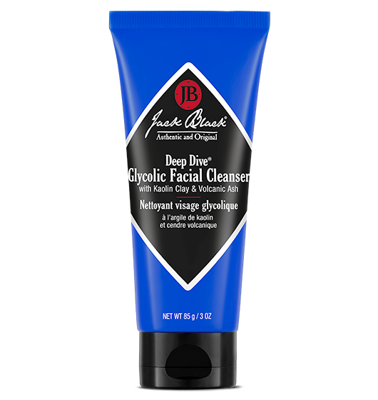 Blue facial cleanser tube with black label on a white background