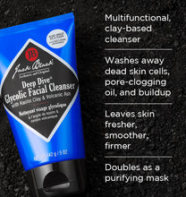 Tube of Jack Black Deep Dive Glycolic Facial Cleanser with product details on a black background