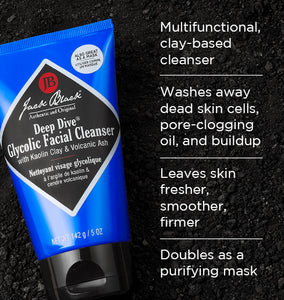Tube of Jack Black Deep Dive Glycolic Facial Cleanser with product details on a black background
