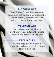 Text overlay describing the benefits of glycolic acid, volcanic ash, and kaolin clay in a skincare product.