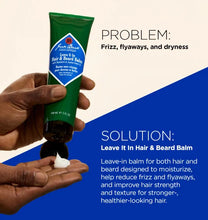 Hand holding a tube of leave-in hair and beard balm with product description text.
