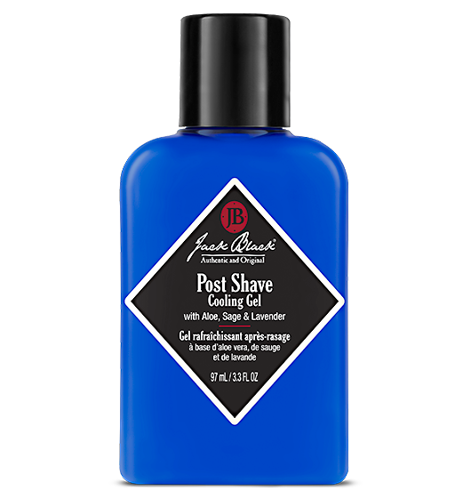 Blue bottle of Jack Black post-shave cooling gel on a white background