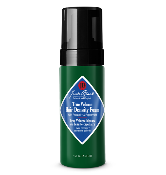 Green bottle of Jack Black True Volume Hair Density Foam on a white background
