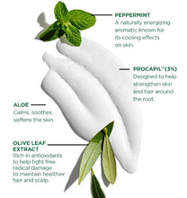 Product packaging with peppermint, aloe, and olive leaf extract labeled on a white background.