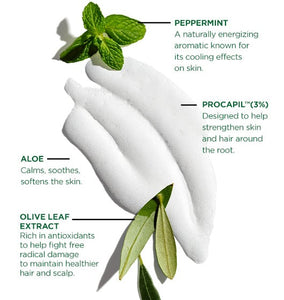 Product packaging with peppermint, aloe, and olive leaf extract labeled on a white background.