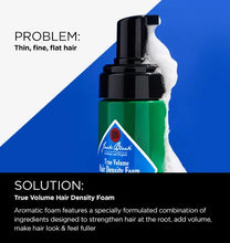 Hair product bottle with text about thin, fine, flat hair solution on a blue and white background