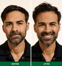 Before and after comparison of a man with a beard, wearing a black shirt on a beige background.
