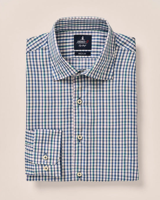 A long sleeve button-up shirt with a checkered pattern in blue and white, featuring a hidden button-down collar and embroidered logo at the bottom tail.